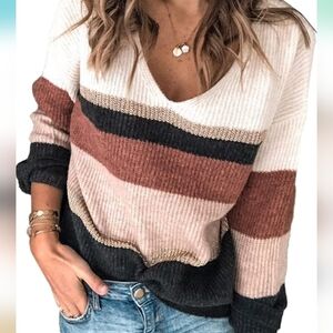 Angashion Striped Long Sleeve Sweater - Medium, Brown/tan/black
